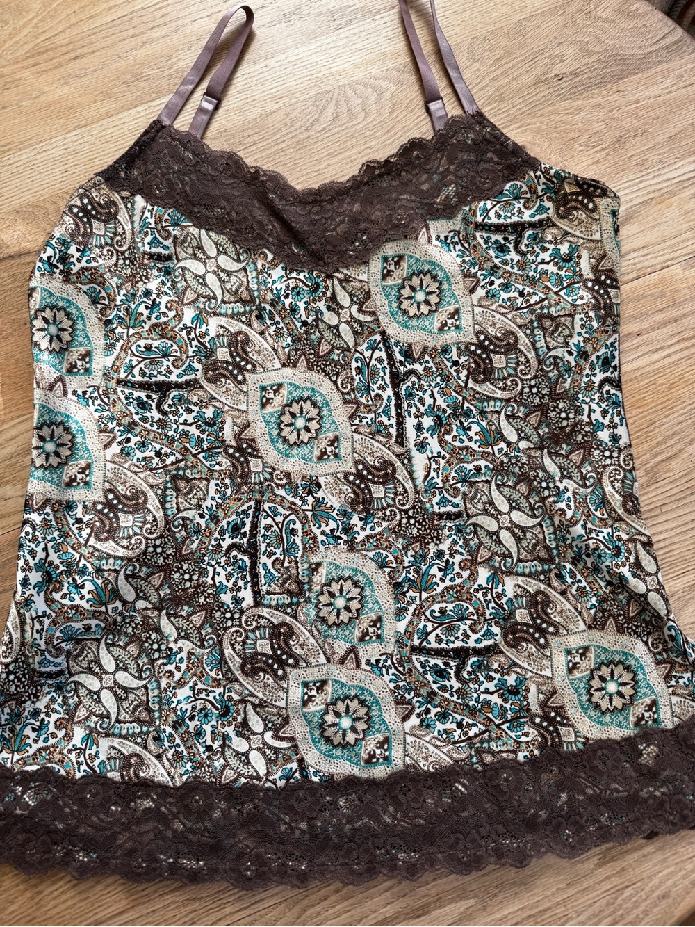 Fashion Bug Brown and Teal Paisley Lace-Trim Cami